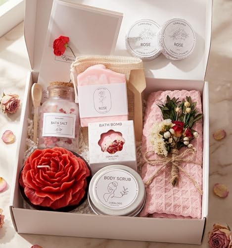 Rose Spa Gifts for Women - 12pc Self-care Spa Gift Basket by Coralogo