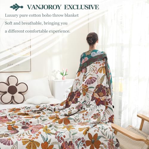 VANJOROY Boho Throw Blanket for Bed, 100% Cotton Muslin Soft Twin Throw-Floral Farmhouse Rustic Decor Blanket for Couch Sofa Quilt and Gift, 60" x 80"-BeigeWhite - Image 6