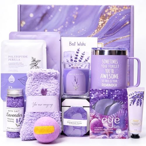 Lavender Spa Gift Baskets for Women - 10 Pcs Happy Birthday Gifts for Women, Unique Relaxation Spa Gift Christmas Ideas Relaxing, Valentine's Day Self-Care Gift Basket for Mom, Wife, Girlfriend by TFHESIRUUTFH