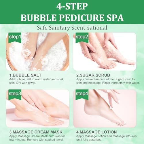 Pedicure Kit Foot Soak Set: Bubble Salt, Sugar Scrub, Massage Mask, Massage Lotion in a Box, 4 Step Foot Spa Kit for Dry Feet,Tired Feet (1 Set Eucalyptus) - Image 5