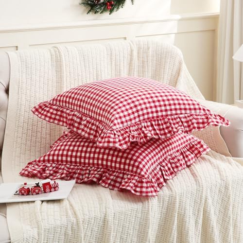 2 Pack Red/White Plaid Ruffled Throw Pillow Sham 20x20 inches - Image 3
