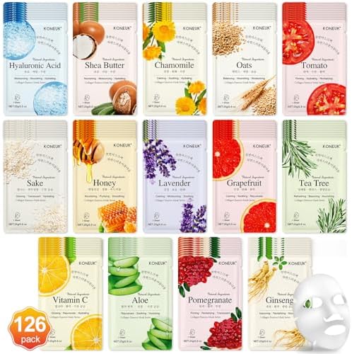 KONEUK 126 Pack Hydrating Face Masks Skincare, Bulk Facial Mask Gifts Set by KONEUK