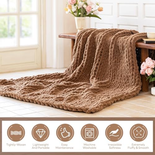 Chunky Knit Throw Blanket for Couch，50x60 Inches Brown - Image 2