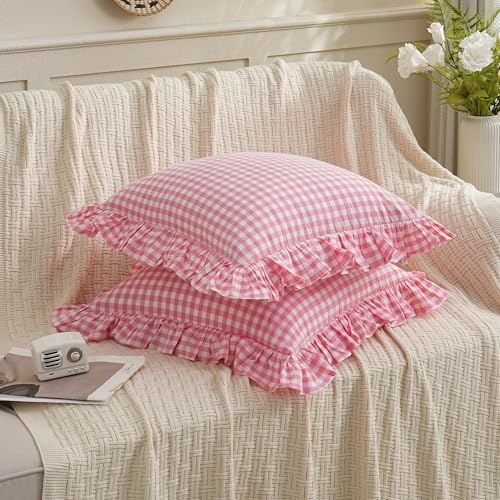 2 Pack Pink/White Plaid Ruffled Checkered Throw Pillow Cover 20 x20 inches - Image 4