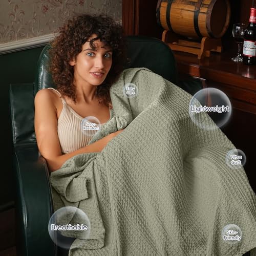 PHF Lightweight Waffle Weave Blanket Queen Size 90"x 90", Soft Woven Summer Blanket for Hot Sleepers - Aesthetic Home Decor for Couch Bed Sofa, Pet Friendly, Dusty Sage - Image 5