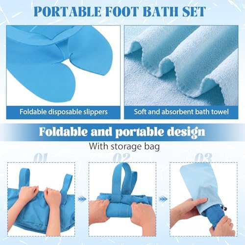 FillTouch 6 Sets Foldable Foot Bath Kit 15L Collapsible Foot Soaking Tub Bathroom Towels Women Adult Foldable Slippers with Storage Bag Spa Soak Pedicure Bath for Travel Camping(Sky Blue) - Image 4