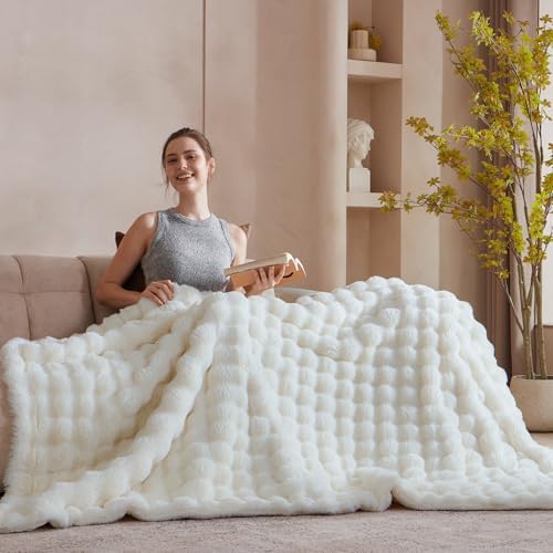 50x60 Inches Ultra-Soft Fuzzy Faux Fur Plush Throw Blanket - Thick, Warm Sherpa for Couch, Sofa, Bedroom, Camping - Decorative Blanket for Cozy Warmth, Bubble Ivory White - Image 4