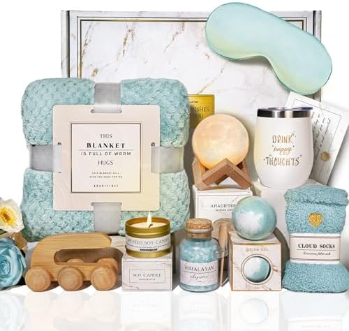 AHAGIFTREE Birthday Gifts for Women Self Care Gifts Get Well Soon Gifts Baskets with Moon lamp for Women After Surgery,11PC Spa,Thinking of You Gift, Care Package for Mom Friend (Turquoise) by Unknown
