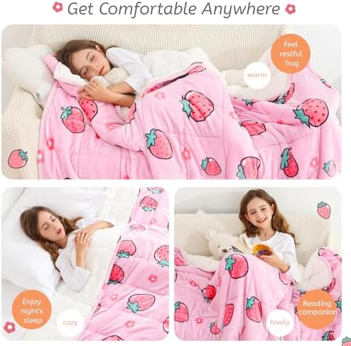 Weighted Blanket 7 pounds Twin Size 41"x 60",Soft Sherpa Fleece Heavy Blanket for Sleeping Perfect for 60-90lbs, Cute Strawberry Pink Weighted Blanket for Bed or Couch - Image 6