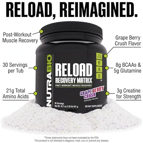 NutraBio Reload - Powerful Muscular Recovery Formula - Post-Workout Supplement - 3G Creatine - 8G BCAAs - 5G Glutamine - 30 Servings, Grape Berry Crush - Image 3