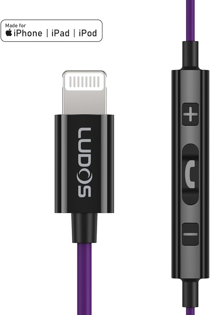 LUDOS Ultra iPhone Wired Headphones Earbuds Earphones with Lightning Connector Apple MFi Certified, 5 Years Warranty, for iPhone 14 13 12 11 Pro Max X XS XR 8 7 Plus with Microphone Control - Purple - Image 6