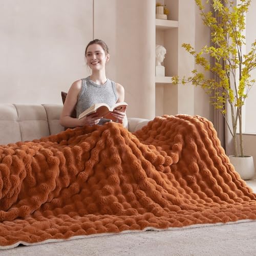 60x80 Inches Ultra-Soft Fuzzy Faux Fur Plush Twin Size Blanket - Thick, Warm Sherpa for Couch, Sofa, Bedroom, Camping - Decorative Blanket for Cozy Warmth, Bubble Rust - Image 2