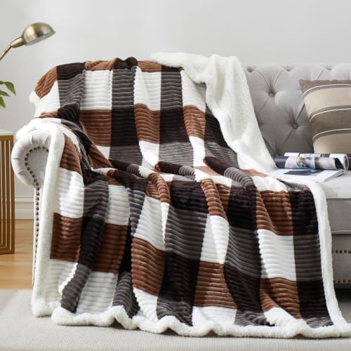 PU MEI Sherpa Blanket Full/Queen Plaid Thick Bed Blanket, 90”*80” Super Soft Flannel Fuzzy Fleece Reversible Velvet Plush Warm Blanket for Couch (Brown-Check, 80"*90") by HOME