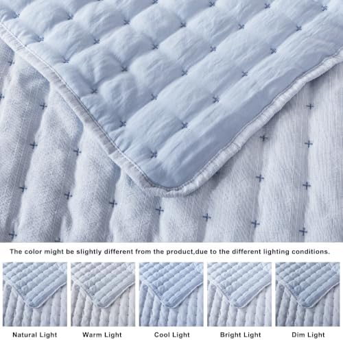 WDCOZY Blue Oversized King Quilt Set, California Cal King Rustic Bedspread, Textured Like Linen, Lightweight Soft Farmhouse Coverlet, Spring Summer Thin Comforter, 3 Pieces, 116x106 inches - Image 5