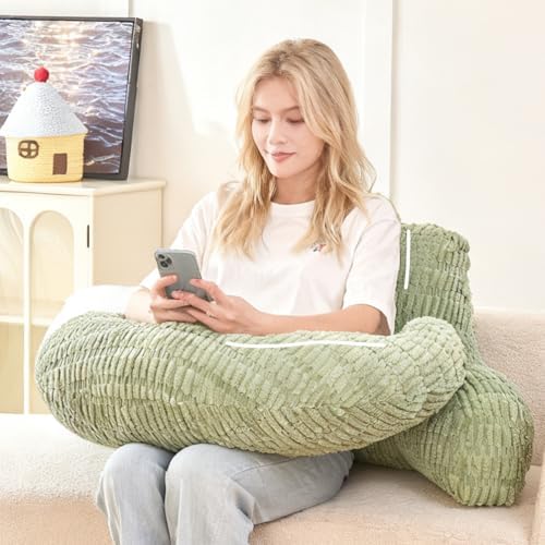 19" Reading Pillow for Bed,U Shaped Arm & Elbow Support,Green Corduroy by PAJEO