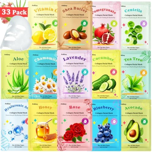 ANKOOY 33 Pack Face Masks Skincare Gifts for Teens Girls Women,Bulk Collagen Face Mask Hydrating Sheet Mask,Travel Essentials,Birthday Gifts,Spa Party Gifts,Facial Mask Skin Care for All Skin Types by ANKOOY