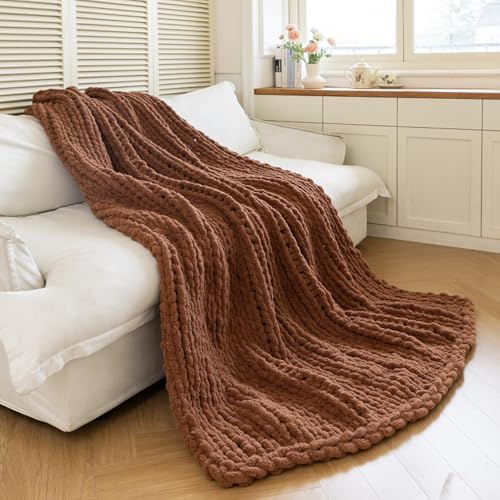 Chunky Knit Throw Blanket for Couch，40x50 Inches Reddish Brown by Larexius