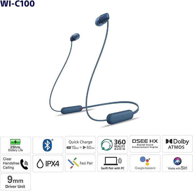 Sony WI-C100 Wireless in-Ear Bluetooth Headphones with Built-in Mic, White | Up to 25 Hrs of Battery, Clear Hands-Free Calling, Easy Button Operation, Flexible Neckband, IPX4 Water Resistant - Image 8