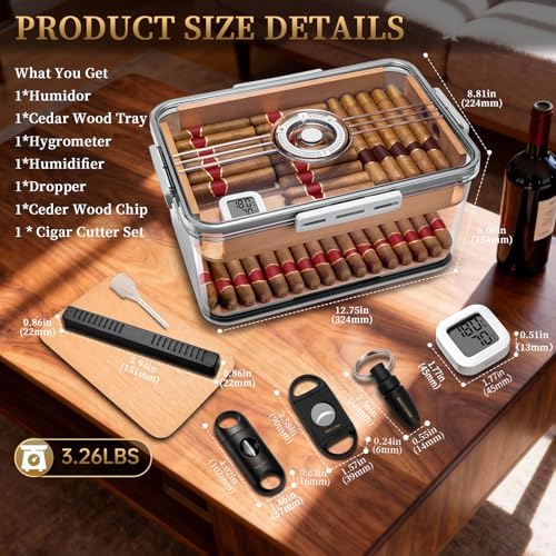 CIGARLOONG Cigar Humidor Large with Cedar Shelves, Cigar Cutter Punch and Hygrometer & Humidifier, Acrylic Cigar Desktop Box Storage for 100 Cigars Partition Clear Airtight Cigar Humidor (Large) - Image 7