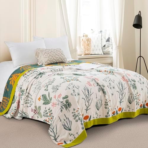 100% Muslin Cotton Throw Blanket for Bed Couch Chair, Botanical Plant Floral Printed Quilt Ultra Soft Reversible Gauze Blanket for All Season, 90"x98" by Purefair