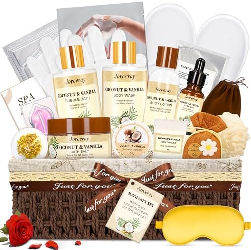22PCS Spa Gift Baskets for Women, Luxury Bath and Body Gift Basket Set for Women Coconut Vanilla Spa Kit Relaxing Spa Self Care Gift for Her Wife Lover Mom Sister by Jorceray