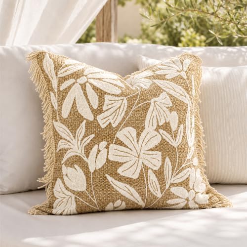 BlissBlush Throw Pillow Cover 20x20 Inch Indoor Outdoor, Jute-Look Floral Tufted Decorative Accent Pillow Case for Patio Sofa Couch Living Room, Cover Only by BlissBlush
