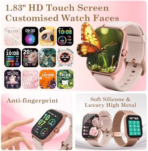 Pink Smart Watch for Women Android & iPhone, 1.83" HD Touchscreen, 24/7 Heart Rate, Sleep & Fitness Tracker, Answer/Make Calls/100+ Sports Modes/Message Reminder, IP68 Waterproof, Pedometer, 2 Bands - Image 5