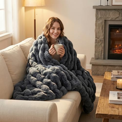 DREAMNINE Soft Faux Bubble Rabbit Fur Throw Blanket for Couch, Thick Cozy Decorative Warm Fuzzy Fur Blanket for Sofa Chair Bedroom Living Room Dorm Gift, 50 * 60 Inches, Grey - Image 3