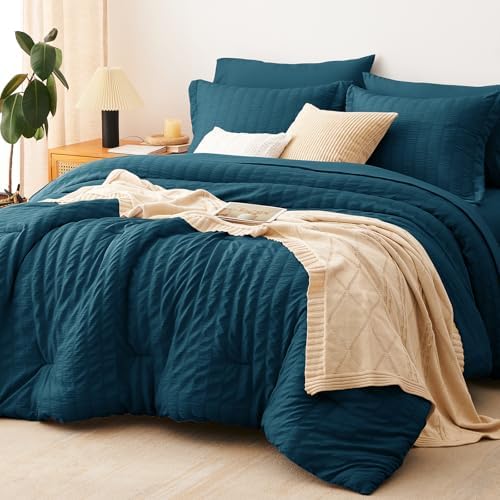 CozyLux Full Size Comforter Set 7 Pieces Lyons Blue Seersucker Bed in a Bag by CozyLux