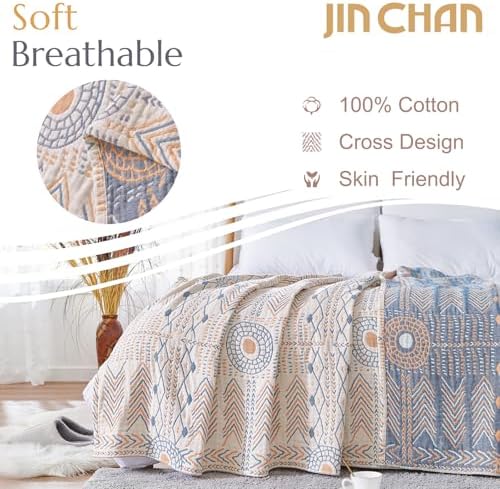 jinchan 100% Cotton Muslin Blanket Queen Boho Bed Blanket 80x90 Orange - Image 2
