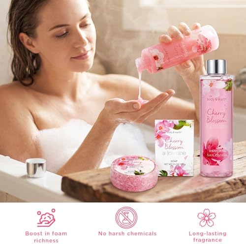 Body & Earth Spa Gifts for Women Self Care Kit - 8pcs Cherry Blossom & Jasmine Bath Sets for Women, Birthday, Christmas Gift Baskets for Mother, Wife, Girlfriends - Image 4