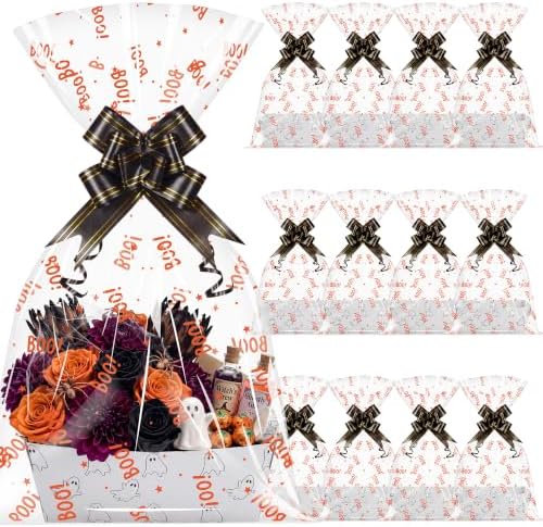 Maitys 12 Sets Halloween Empty Gift Baskets Bulk with Boo Cellophane Bags by Maitys