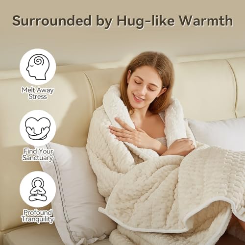 Weighted Blanket Queen Size for Adults,15lbs Jacquard Sherpa Heavy Blanket for Calming and Relax, Dual Sided Ultra Soft Fuzzy Throw Blanket with Glass Beads, 48" x 72", Cream White - Image 2