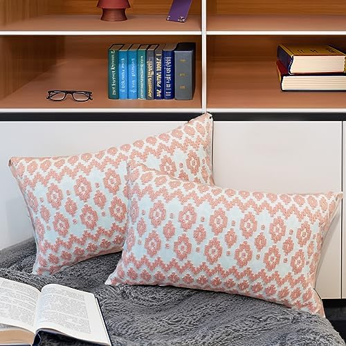 Throw Pillow Cover Embroidered 1pc Summer Couch Accent Decorative Lumbar Pillowcase, Peach 12x20 Empire Diamonds Patterned Peachy Pink and White Motif Nectar Boho Geometric Bolster Cushion Cover - Image 2