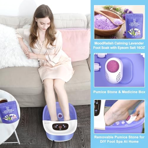 Foot Spa Bath Massager with Heat Bubbles and Vibration Massage and Jets, 16 OZ Calming Lavender Foot Soak Epsom Salt, MoodRelish Foot Soaker With Red Light, 22 Massage Rollers, Adjustable Temp -Purple - Image 4