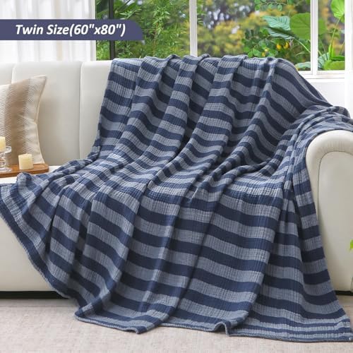 EMME Cotton Muslin Blanket Couch 4-Layer Breathable Gauze Soft Lightweight Bed Blankets Adults Dark Navy Throw XL (50" x 70") - Image 4