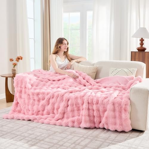 Lotus Karen Faux Fur Throw Blanket Pink - Big Bubble Rabbit Fluff Blanket for Couch, Sall Fluffy Fuzzy Cozy Blanket,Thick Furry Plush Shaggy Blankets,60x80 Inches - Image 3