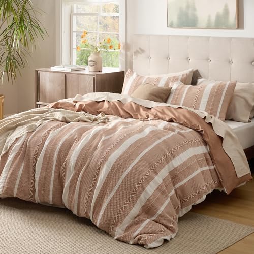 Bedsure PureWoven Boho Striped 100% Cotton Waffle Duvet Cover Set, Queen - Image 2