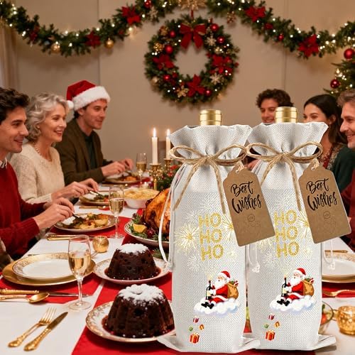 1Pcs HOHOHO Wine Bags Christmas Gift Bag, Wine Bottle Bags Merry Xmas Bottle Covers for Merry Christmas,Holiday Party, Birthday,Storage with 1Pcs Kraft Blessing Cards and natural jute rope - Image 5