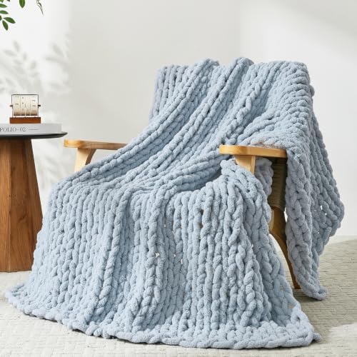 Bigacogo Chunky Knit Throw Blanket for Couch, 40x60 inches, Fog Blue by Bigacogo