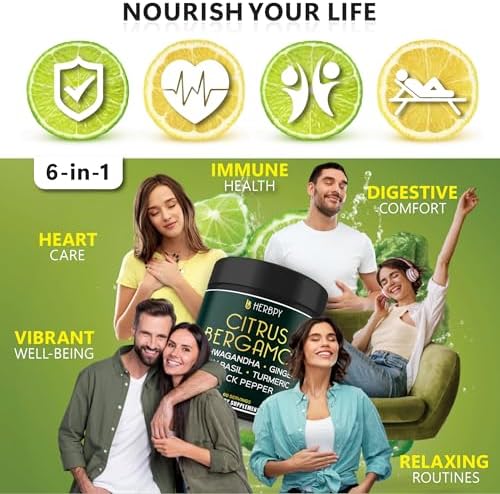 Herbpy 6in1 Citrus Bergamot Supplement with Ashwagandha, Holy Basil, Turmeric & Ginger Root - Healthy Aging, Immune & Relaxation - 120 Vegan Capsules - Image 3