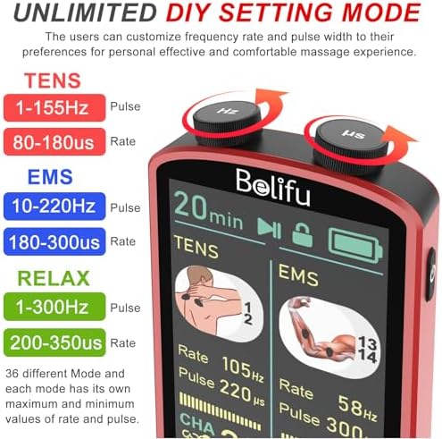 TENS EMS Unit Muscle Stimulator for Pain Relief Therapy - 4 in 1 TENS EMS Relax Custom Frequency+Pulse - Muscle Massager 36 Modes 20 Intensity, Memory & Favorites Function, 3.8" Color Display - Red - Image 5