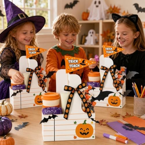 12 Set Halloween Teacher Gifts Drink Carrier Kit, Pumpkin Teacher Boo Basket Gifts, Disposable Cardboard Cup Holders with Handle, Ribbon and Gift Flags, Halloween Appreciation Gifts for Teachers - Image 2