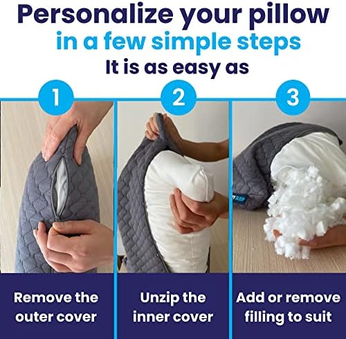 Sidney Sleep Adjustable Curved Pillows for Neck and Shoulder Support with Extra Shredded Fill - Cervical Contour Pillow for Side and Back Sleepers. Standard Size 19" x 26" CertiPUR-US Certified (Grey) - Image 3