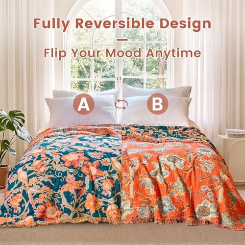 MSGKV Boho Throw Blanket 60"x80" 100% Cotton Floral Bird Blanket Couch Bed - Image 4