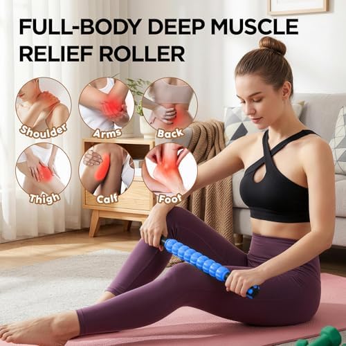 Muscle Roller & Massage Roller Stick for Athletes - Lymphatic Drainage Support, Relieves Muscle Soreness, Cramping & Tightness - Targets Legs, Arms, Back & Calves （Blue Wheel） - Image 3