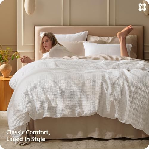 Bedsure PureWoven Cotton Waffle Weave Duvet Cover, White, Duvet Cover Only - Image 6