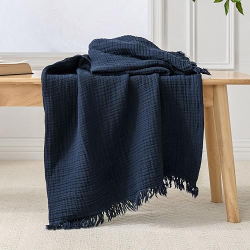 Esterra Muslin Throw Blanket 50x65 Inches Cozy Soft Lightweight Pre-Washed Cotton Blanket, All Season Breathable 4-Layer Gauze Blanket Throw for Sofa Couch Bed, Navy Blue by Esterra