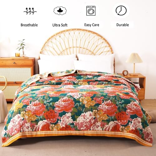 VANJOROY Boho Throw Blanket, 100% Organic Cotton Breathable Ultra Soft 60" x 80" Bed Quilt Throw - All Season Floral Rustic Farmhouse Decor Luxury Reversible Blanket for Sofa Couch Chair and Gift - Image 3