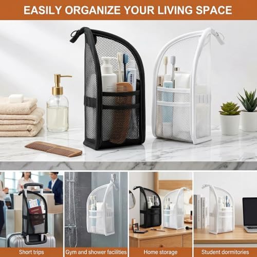 Standing Toiletry Bag,Portable Foldable Hanging Travel Organizer with Zipper and Loop,Mesh Large Capacity Cosmetic Waterproof Bag for Bathroom,Suitcase Packing,Toiletries,Makeup,Skincare (2PC，Black) - Image 2